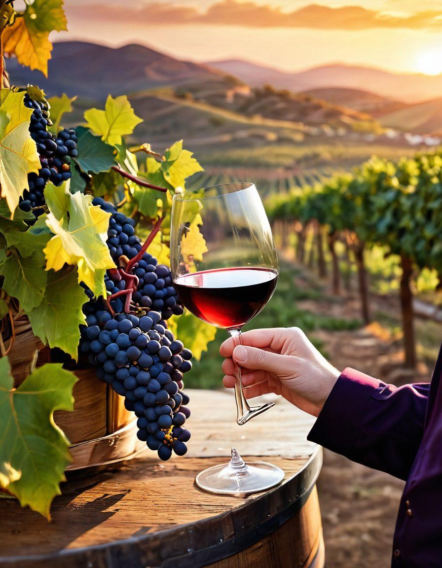 A serene vineyard at sunset, showcasing grapevines heavy with ripe grapes, a skilled winemaker carefully inspecting the vines, and a beautifully crafted wine glass catching the golden light. The background features rolling hills, with barrels of wine artfully arranged nearby, embodying the essence of craftsmanship in winemaking. warm hues. super-realistic. vibrant colors. soft focus.