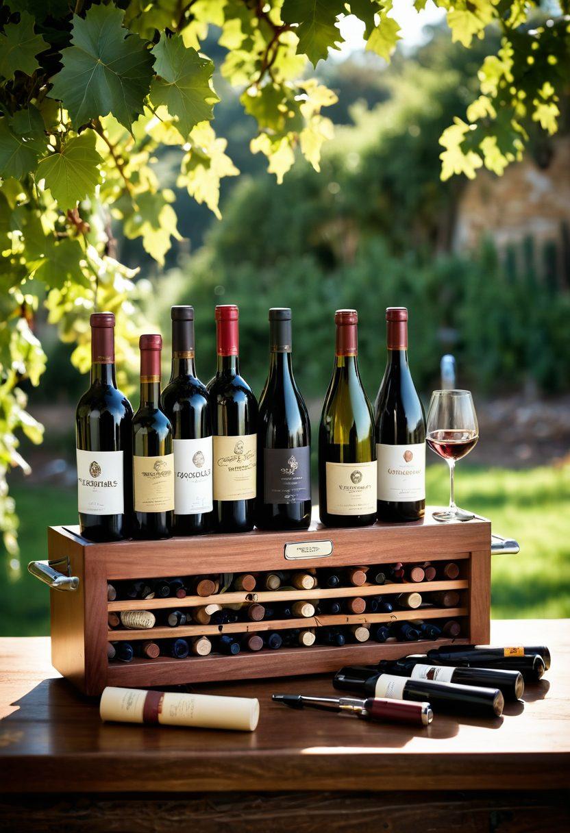 A beautifully arranged display of precision wine production tools, including corkers, thermometers, and hydrometers, set against a backdrop of lush grapevines. Soft sunlight filters through the leaves, creating a warm and inviting atmosphere that highlights the craftsmanship involved in winemaking. The tools should gleam, showcasing their precision and care. Include a bottle of exquisite wine and a glass, ready for tasting. super-realistic. warm colors. soft focus.
