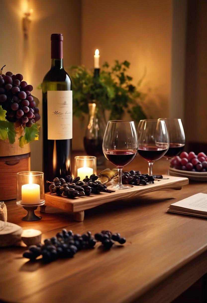 A cozy and elegant wine tasting setup featuring a beautifully arranged wooden table with an array of essential gadgets for wine lovers, including a corkscrew, wine aerator, and wine glasses. Add lush grapevines in the background and soft candlelight illuminating the scene, creating an inviting atmosphere. The composition should evoke a sense of indulgence and sophistication. super-realistic. warm tones. soft focus.